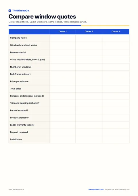 Window quote comparison worksheet