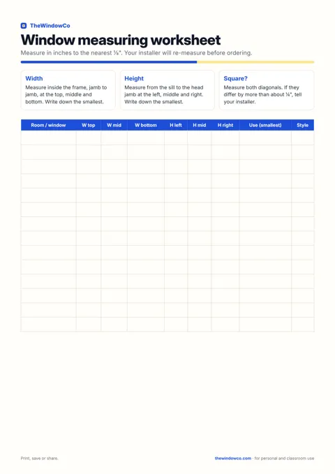 Window measuring worksheet